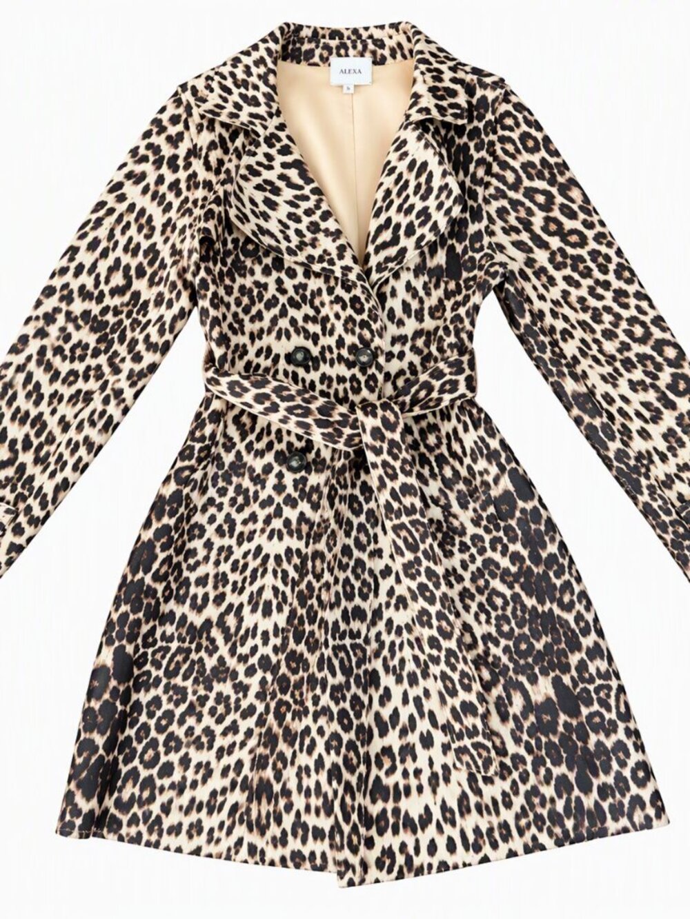 Leopard Print Belted Trench Coat Button Closure with Pockets Size Medium